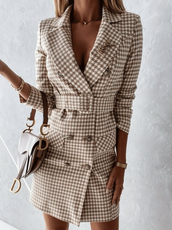 Plaid Long Sleeve Belt Two-Wear Blazer Dress