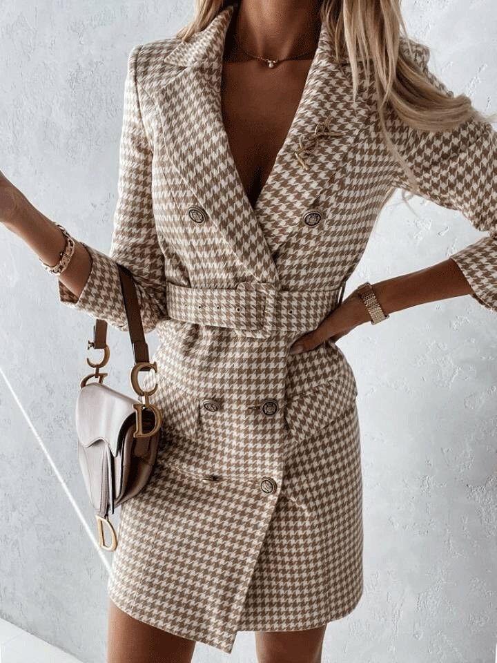 Plaid Long Sleeve Belt Two-Wear Blazer Dress