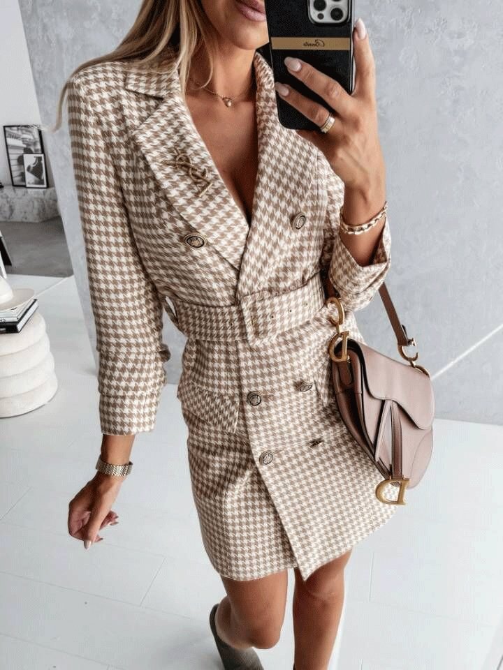 Plaid Long Sleeve Belt Two-Wear Blazer Dress