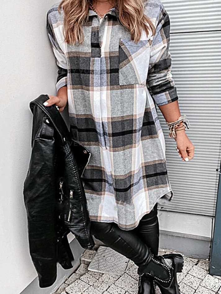 Plaid Pocket Long Sleeve Shirt Dress