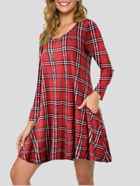 Plaid Round Neck Pocket Long Sleeve Dress