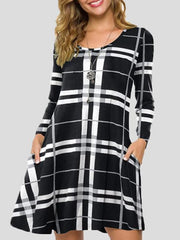 Plaid Round Neck Pocket Long Sleeve Dress