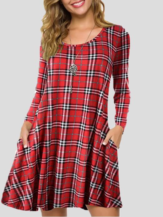 Plaid Round Neck Pocket Long Sleeve Dress