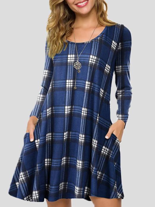 Plaid Round Neck Pocket Long Sleeve Dress