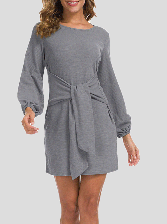 Plain Belted Long Sleeve Mini Dress