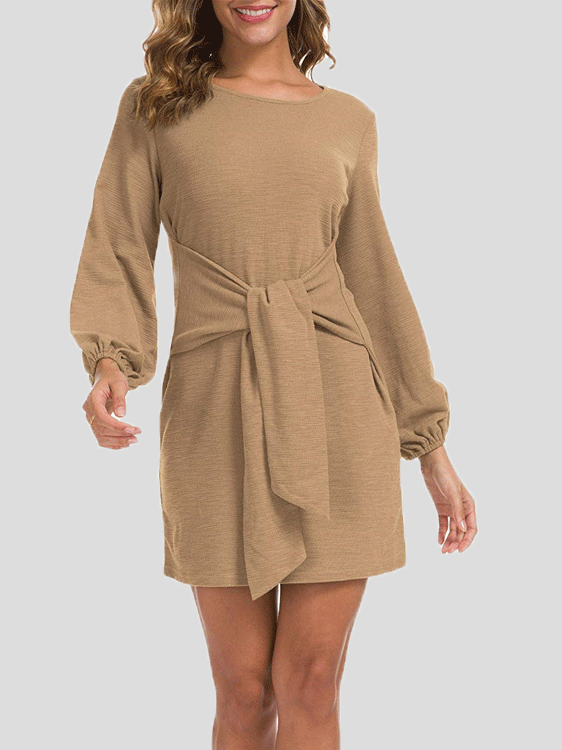 Plain Belted Long Sleeve Mini Dress