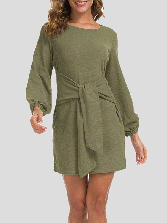 Plain Belted Long Sleeve Mini Dress