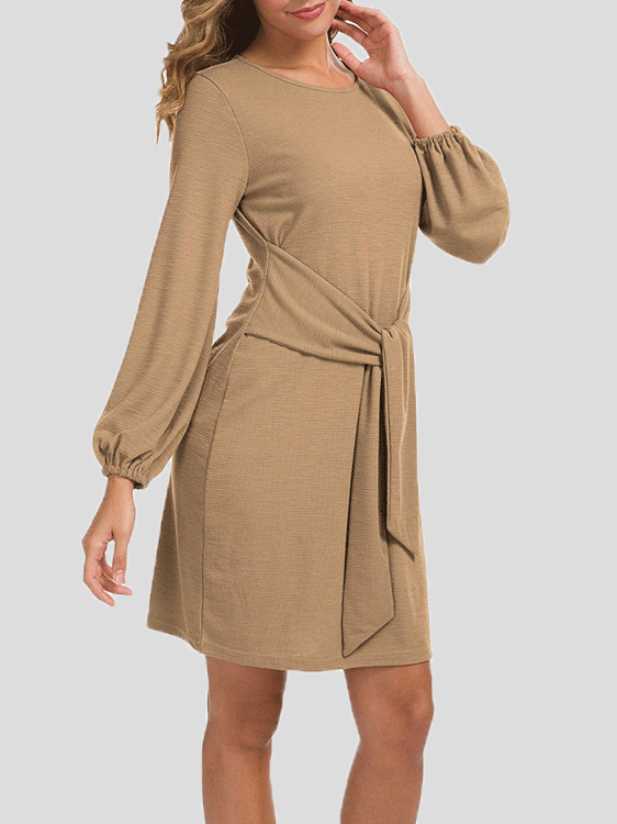 Plain Belted Long Sleeve Mini Dress