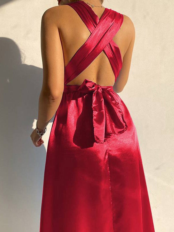 Plain Belted V-Neck Bare Back Dress