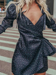 Pleated Irregular V-neck Lantern Sleeve Polka Dot Dress