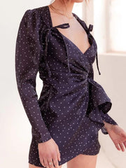 Pleated Irregular V-neck Lantern Sleeve Polka Dot Dress