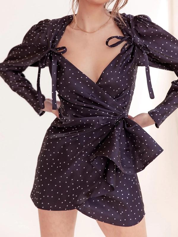 Pleated Irregular V-neck Lantern Sleeve Polka Dot Dress