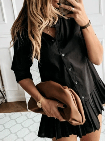 Pleated Slim Button Long Sleeve Shirt Dress