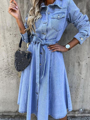 Pocket Lapel Belted Long Sleeve Denim Dress