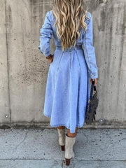 Pocket Lapel Belted Long Sleeve Denim Dress