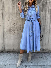 Pocket Lapel Belted Long Sleeve Denim Dress