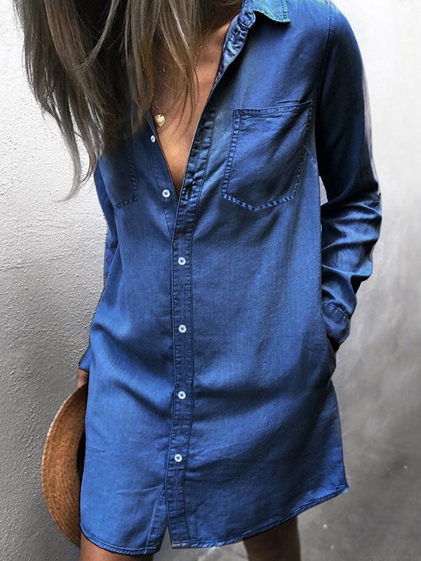 Pocket Long Sleeve Denim Shirt Dress