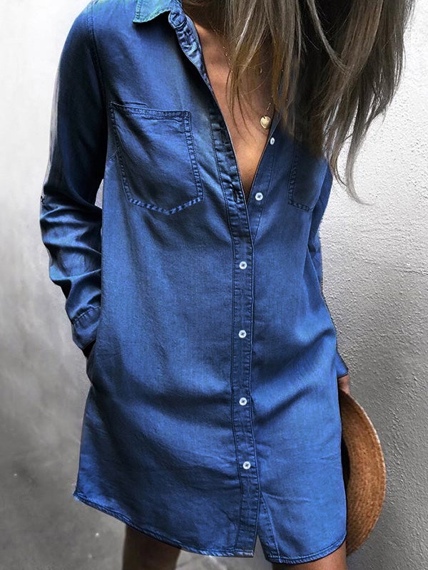 Pocket Long Sleeve Denim Shirt Dress