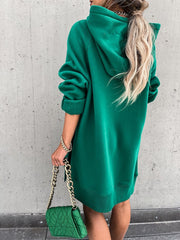 Pocket Long Sleeve Drawstring Hooded Slit Dress