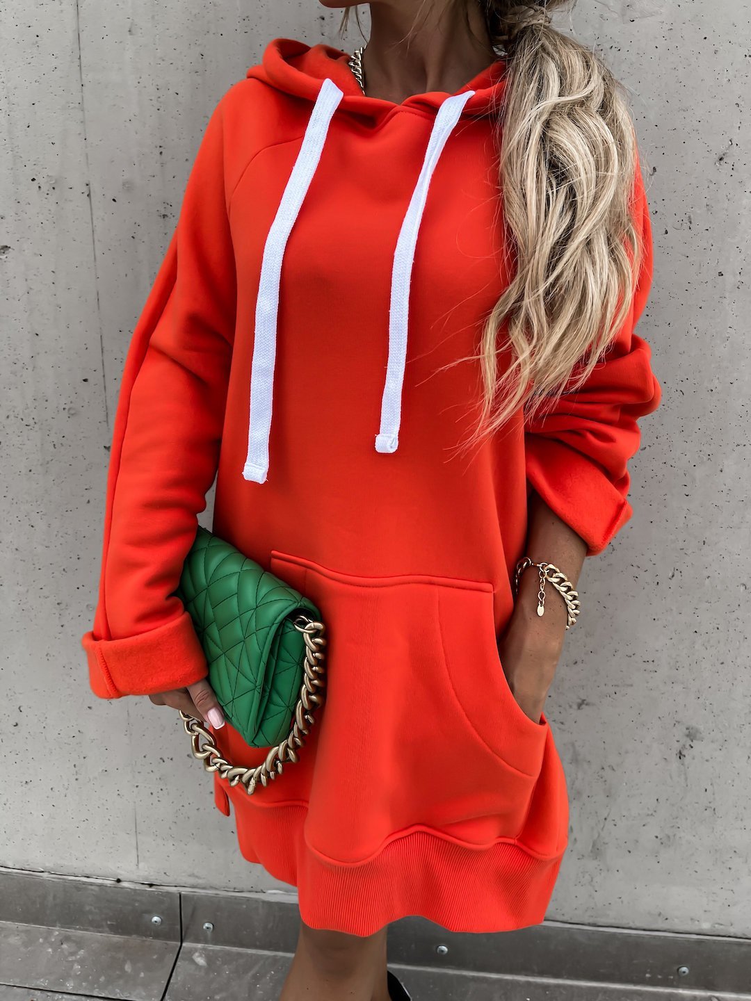 Pocket Long Sleeve Drawstring Hooded Slit Dress