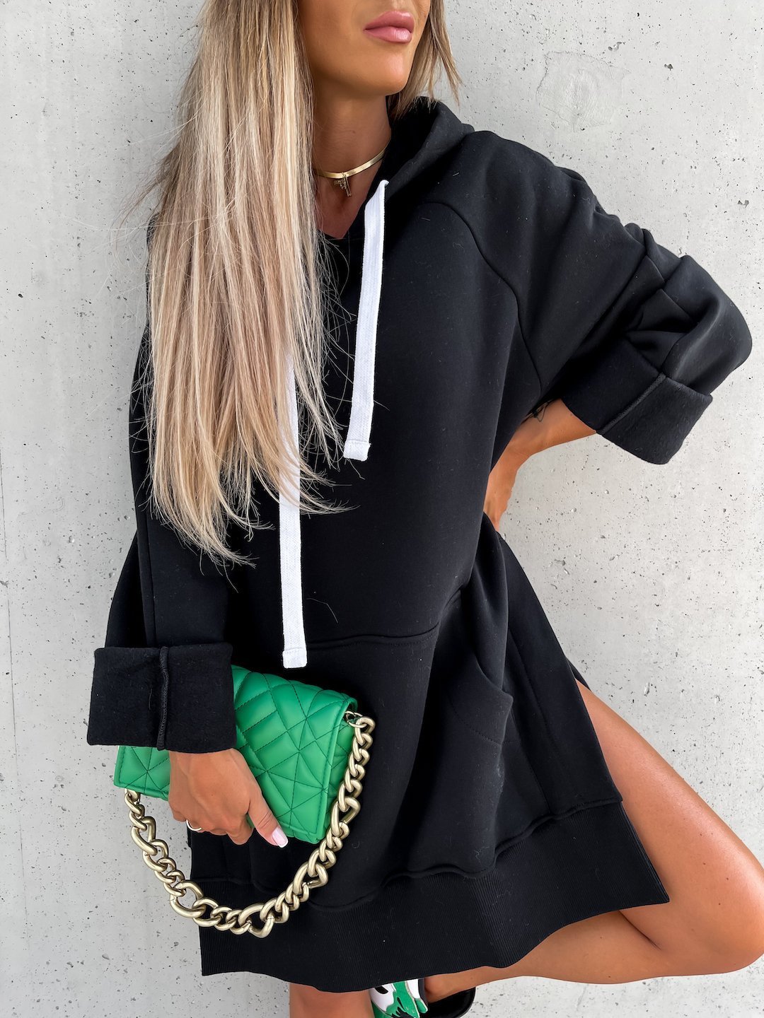 Pocket Long Sleeve Drawstring Hooded Slit Dress