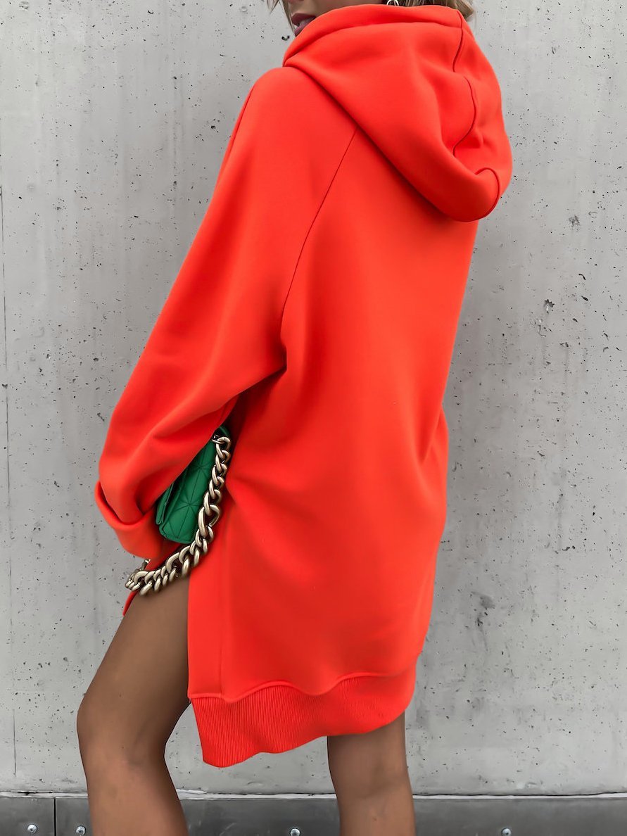 Pocket Long Sleeve Drawstring Hooded Slit Dress