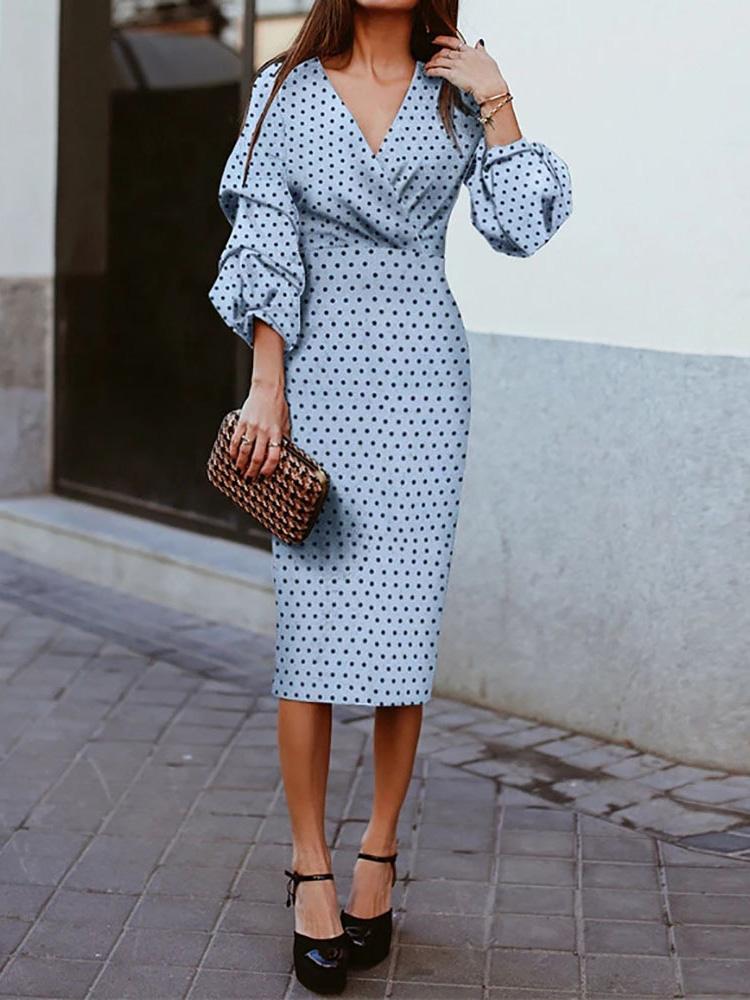 Polka Dot Printed V-Neck Long Sleeve Dress