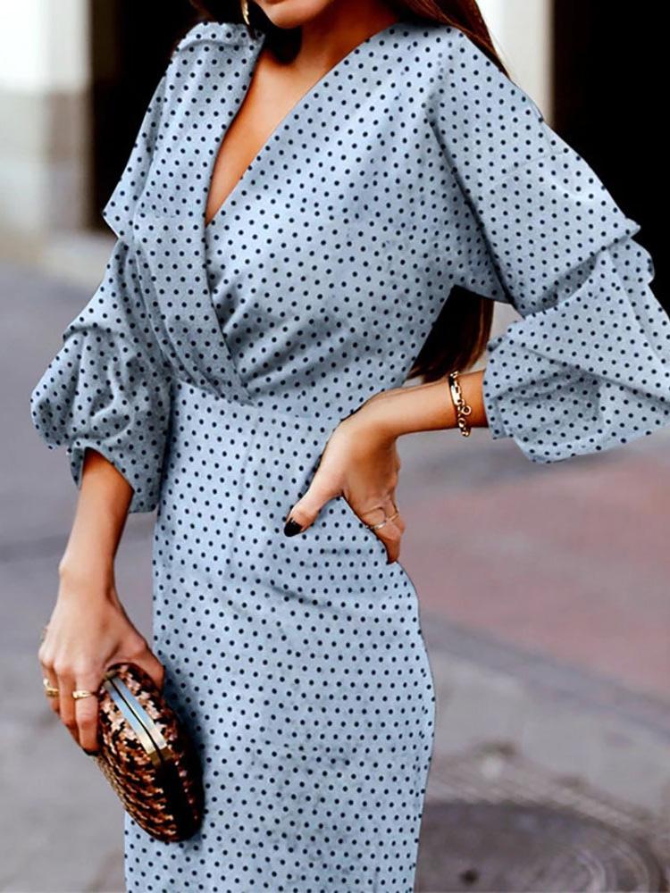 Polka Dot Printed V-Neck Long Sleeve Dress