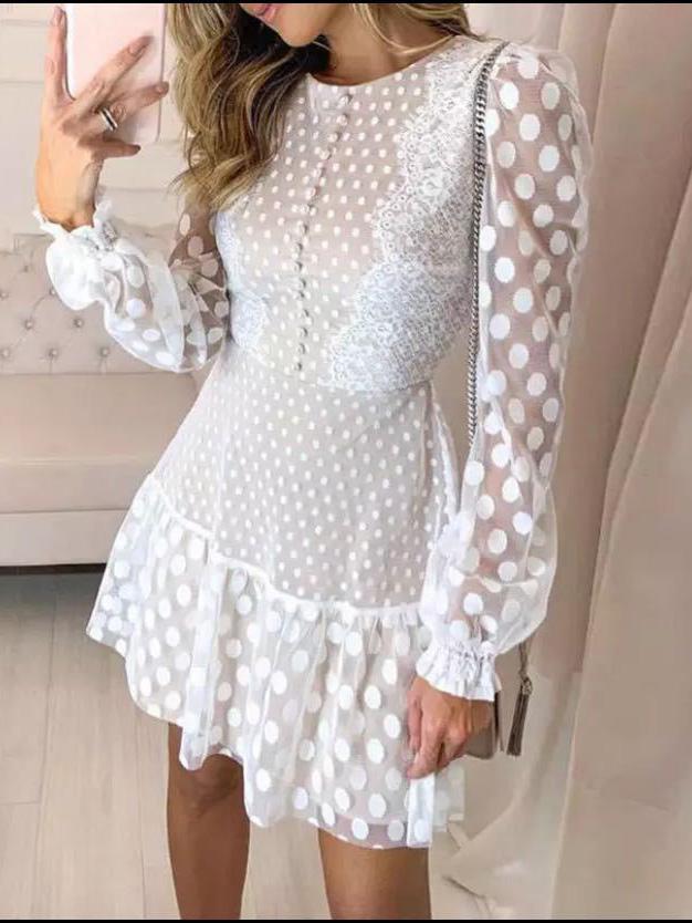 Vestido de manga larga con encaje y costura de lunares