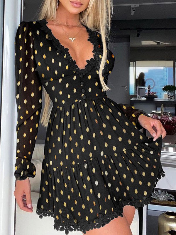 Polka Dot V-Neck Lace Long Sleeve Dress