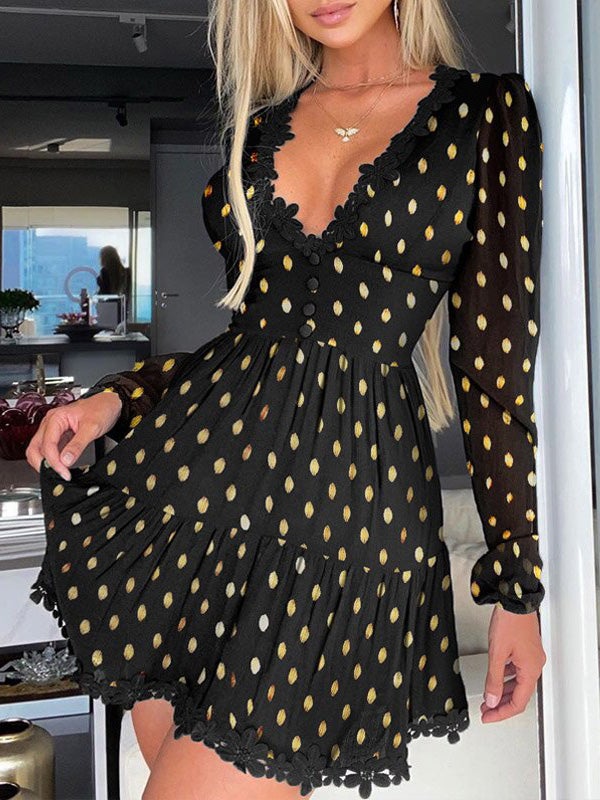 Polka Dot V-Neck Lace Long Sleeve Dress