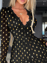 Polka Dot V-Neck Lace Long Sleeve Dress