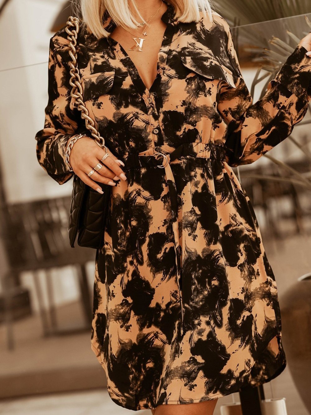 Printed Belted Button Shirt Long Sleeve Dress