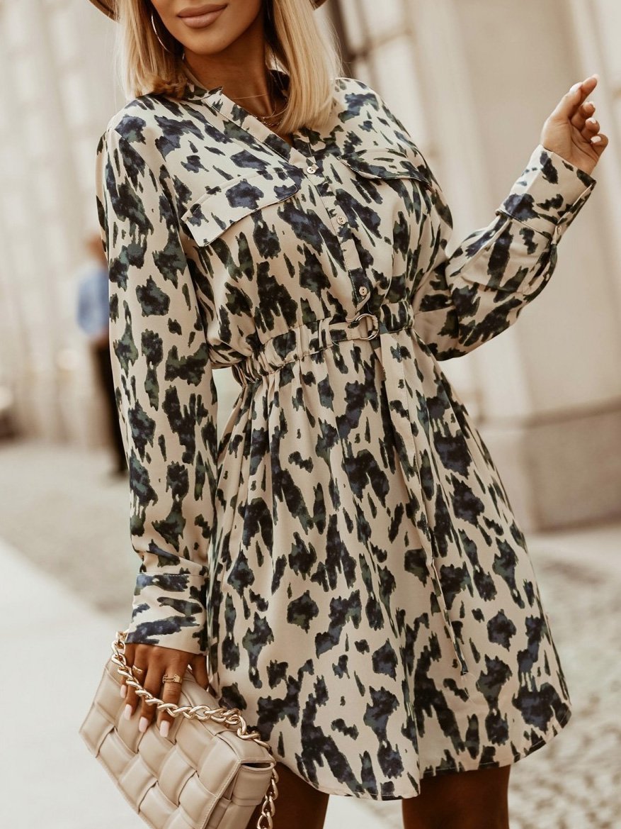 Printed Belted Button Shirt Long Sleeve Dress