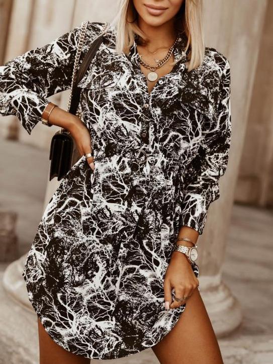 Printed Belted Button Shirt Long Sleeve Dress