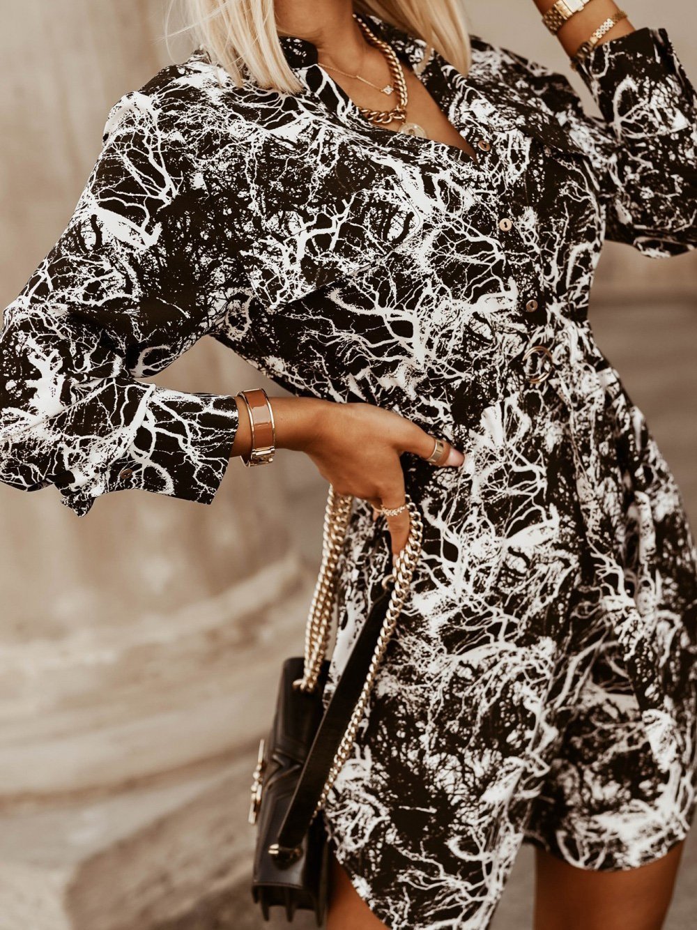 Printed Belted Button Shirt Long Sleeve Dress