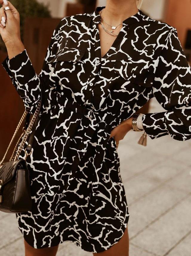 Printed Belted Button Shirt Long Sleeve Dress