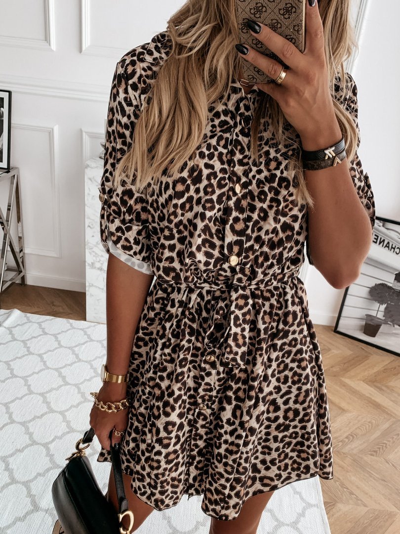 Printed Belted Long Sleeve Shirt Dress