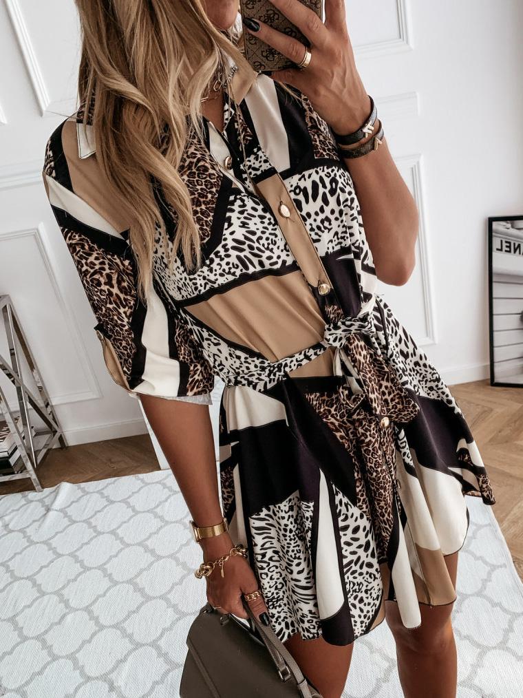 Printed Belted Long Sleeve Shirt Dress