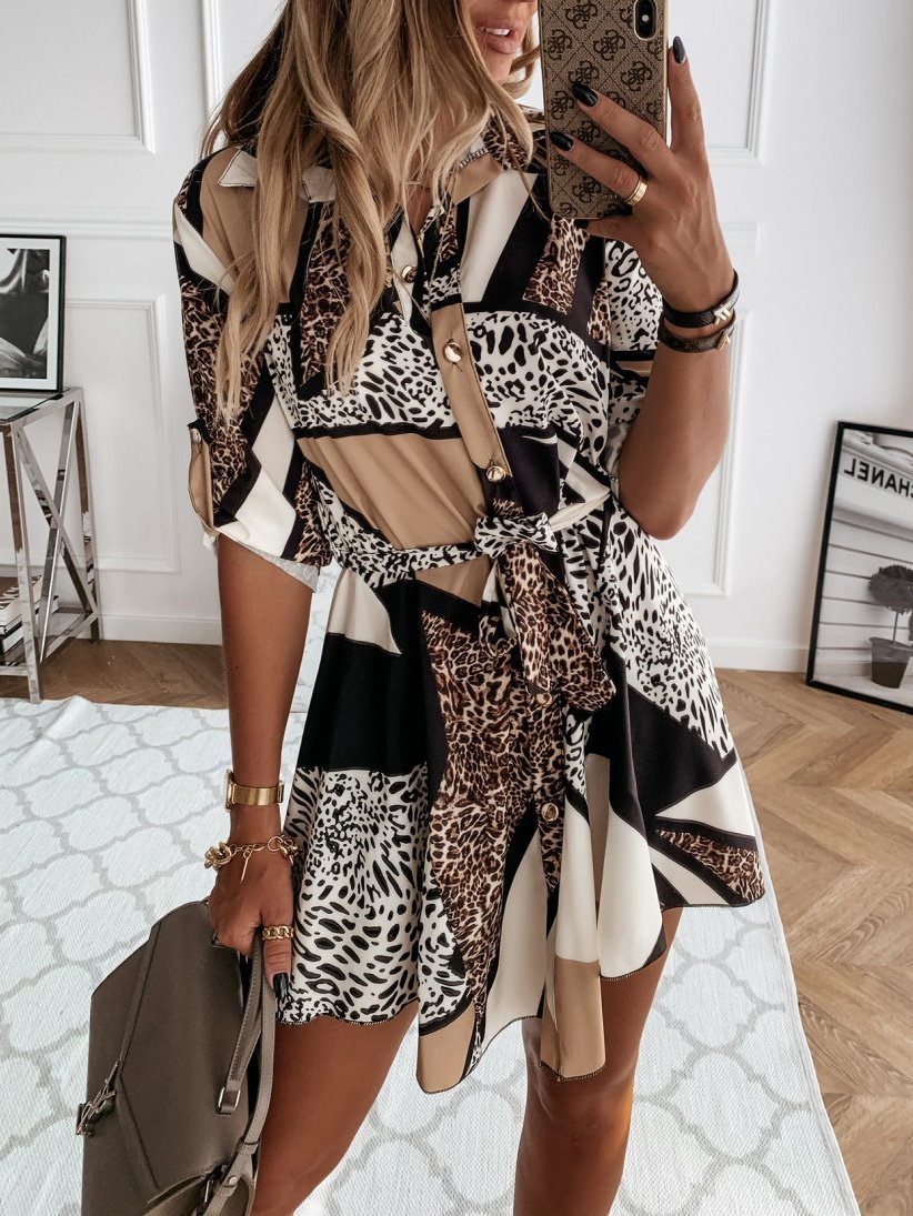 Printed Belted Long Sleeve Shirt Dress