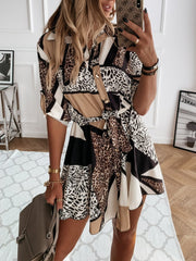 Printed Belted Long Sleeve Shirt Dress