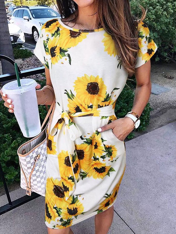 Printed Belted Pocket Short Sleeve Dress