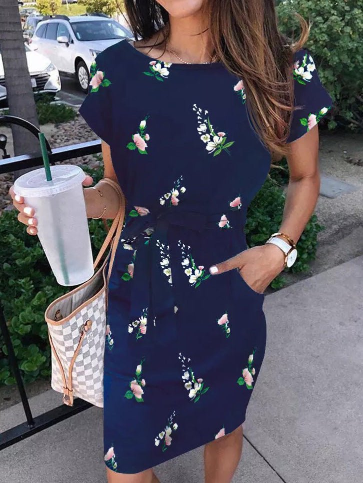 Printed Belted Pocket Short Sleeve Dress