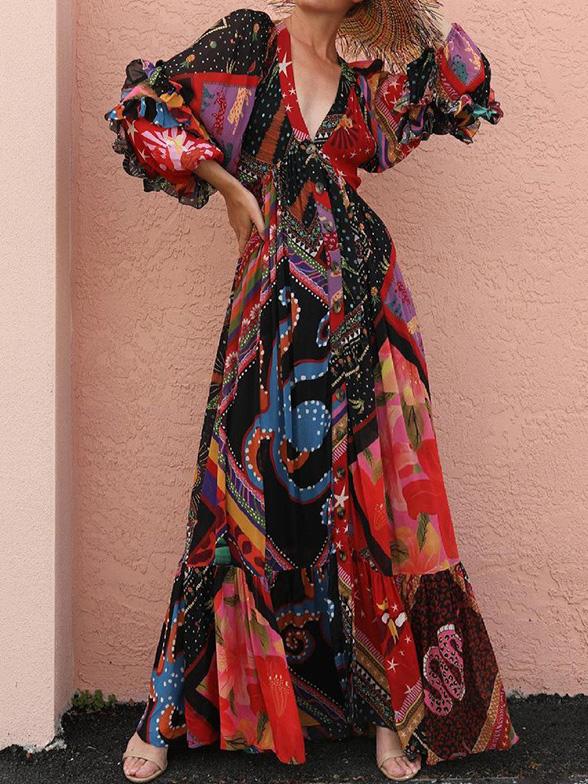 Printed Bohemian V-Neck Long Sleeve Dress