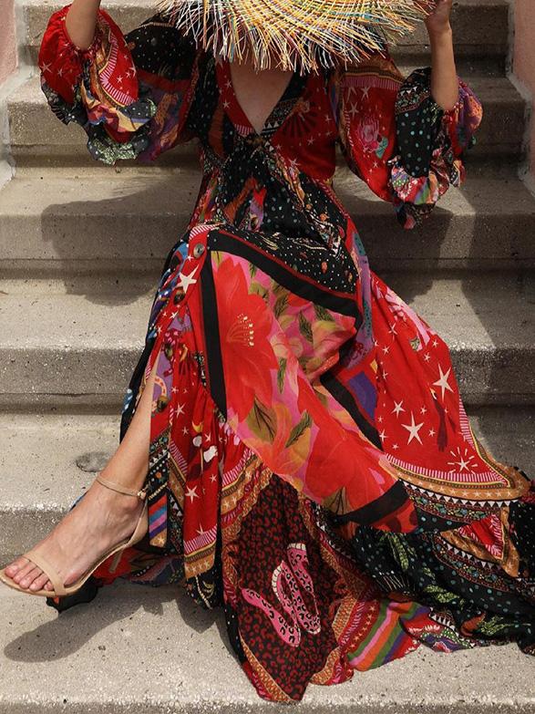 Bedrucktes Langarmkleid im Bohemian-Stil mit V-Ausschnitt