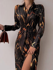 Printed Button Belted Long Sleeve Shirt Dress