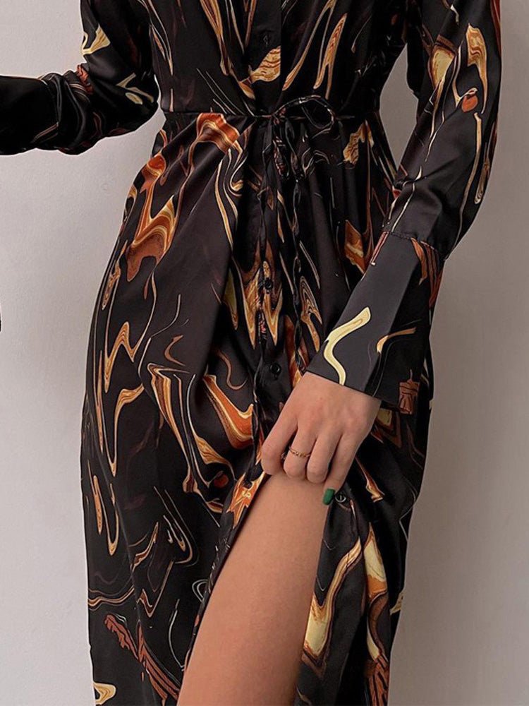 Printed Button Belted Long Sleeve Shirt Dress