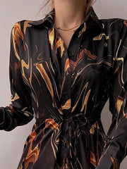 Printed Button Belted Long Sleeve Shirt Dress