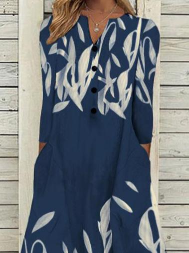 Printed Button Pocket Long Sleeve Dress