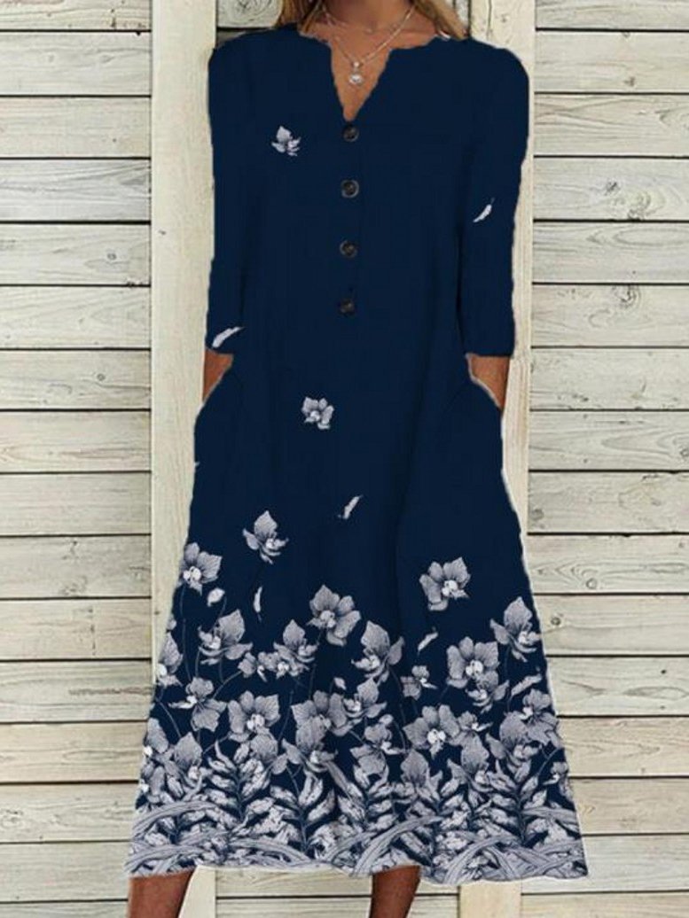 Printed Button Pocket Long Sleeve Dress